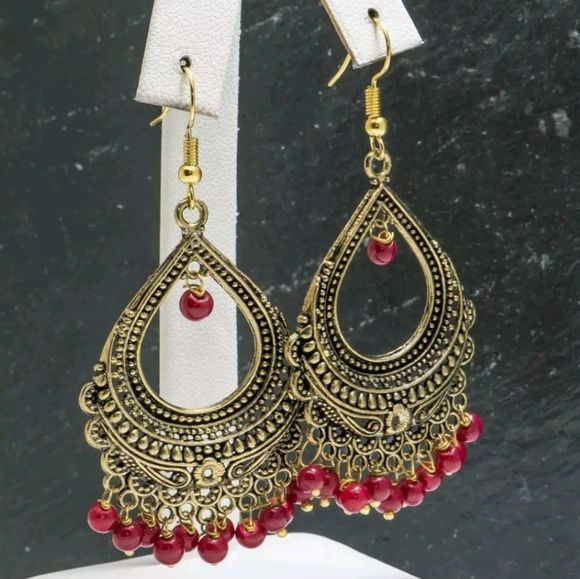 SOLD! | RED Bohemian Beaded Earrings - Picture 5 of 6